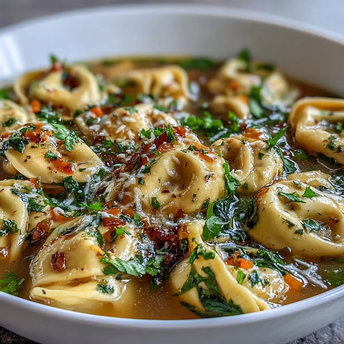 Close-up of a ladle serving Easy Tortellini Soup With Chicken Broth, highlighting the rich broth and colorful vegetables.