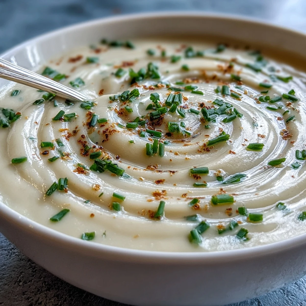 Warm bowl of Creamy Celery Root Bisque beside crusty bread and a glass of white wine.