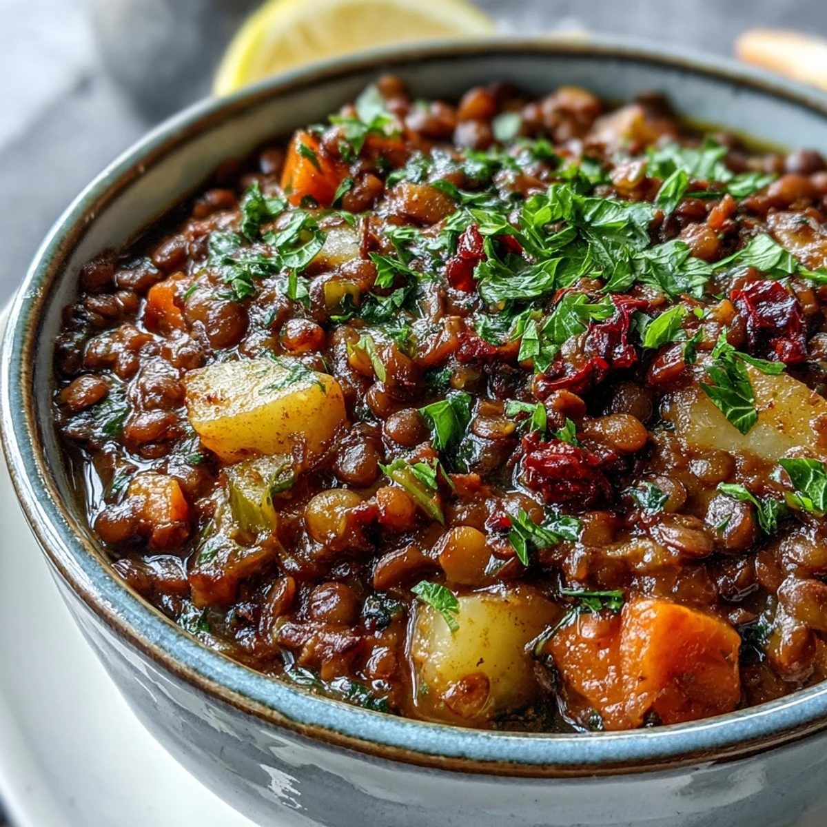 Vegetarian Lentil Stew simmering in a rustic pot, garnished with fresh parsley and a lemon wedge, perfect with crusty bread.