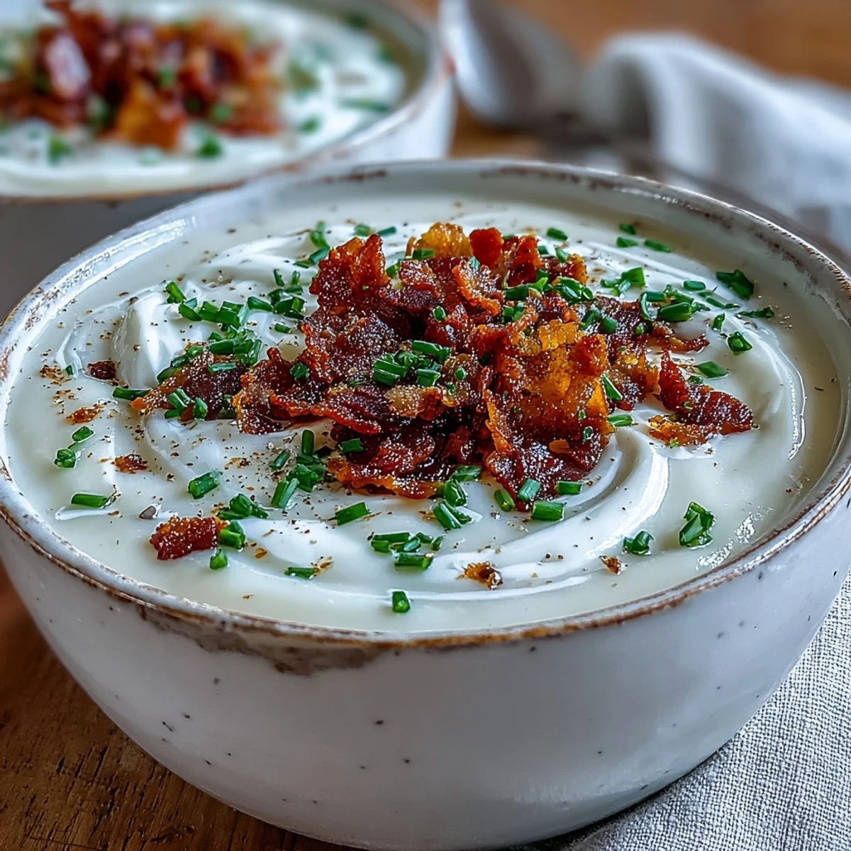 Creamy Celeriac Soup with Crispy Bacon served steaming hot in a rustic bowl with chives.