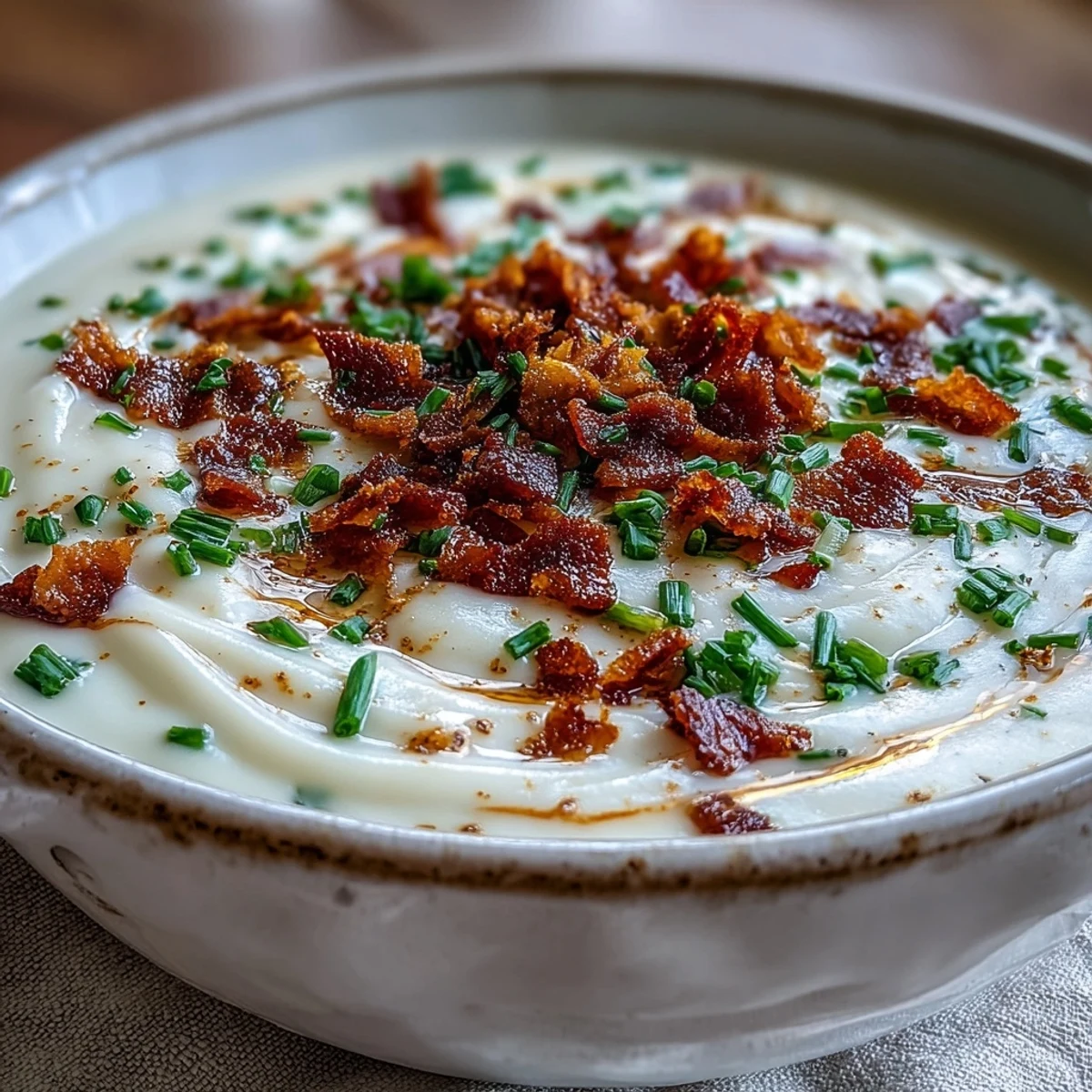 Velvety Creamy Celeriac Soup topped with crunchy bacon bits and fresh herbs for garnish.
