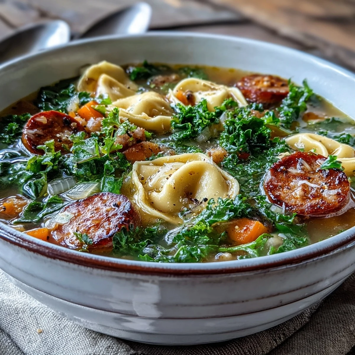 Mason jar of Pumpkin Tortellini Soup with chicken sausage and kale beside a spoon, garnished with parsley and Parmesan cheese.