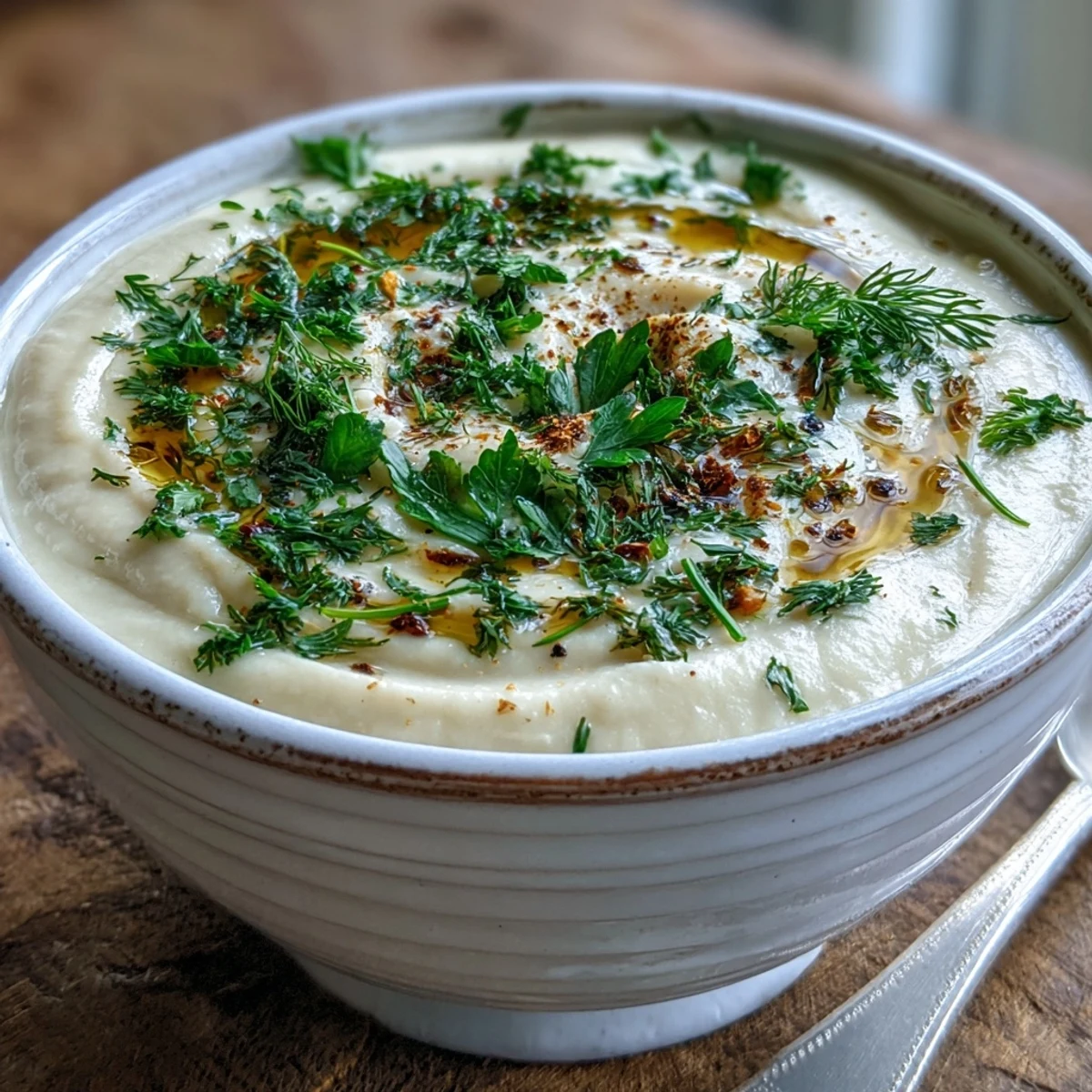 Golden roasted parsnips, onion, and garlic simmer with potato and thyme for a creamy Parsnip and Herb Soup garnished with fresh chives.