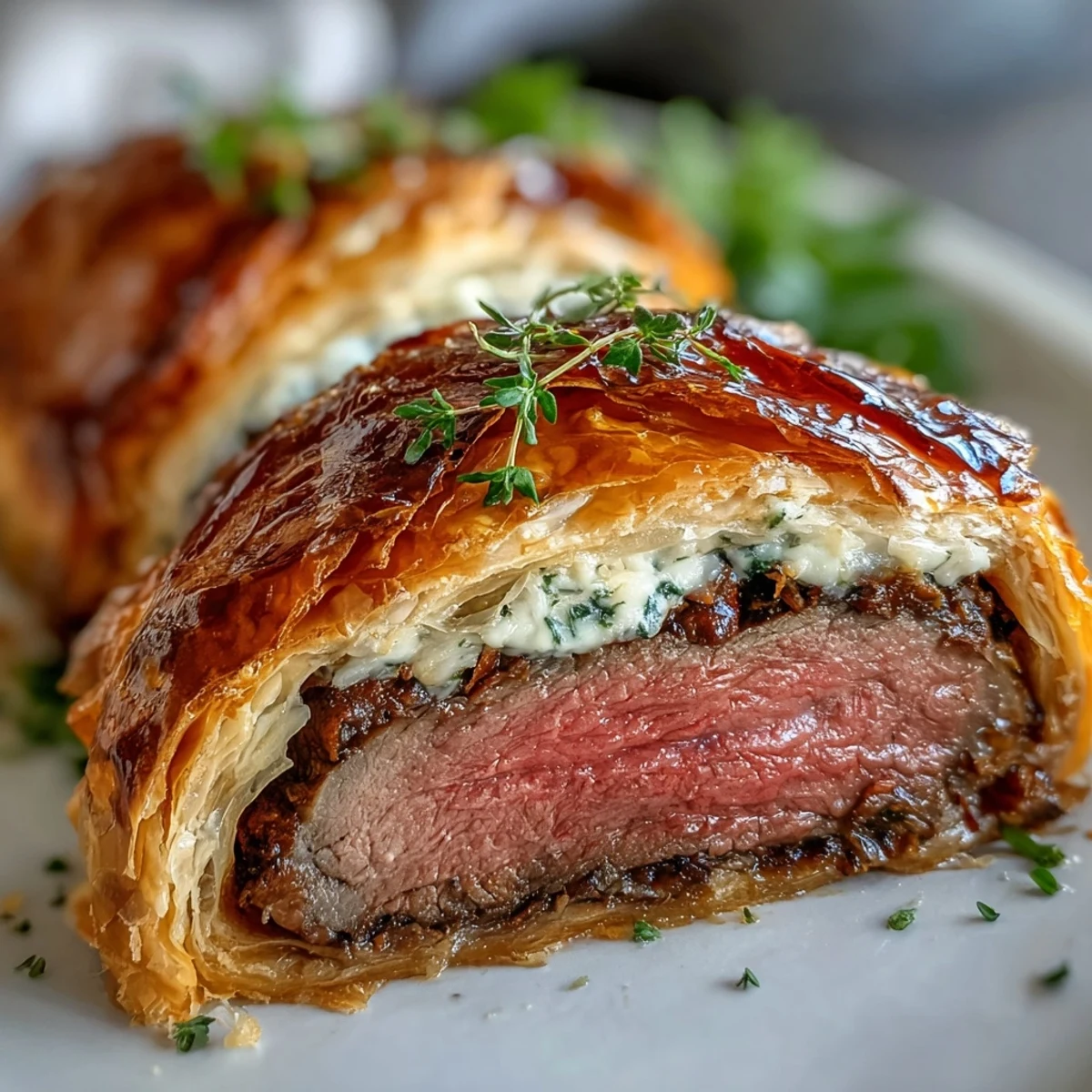 Golden, flaky Beef Wellington sliced to reveal tender, pink fillet and rich mushroom duxelles, ready to serve with a glass of red wine.