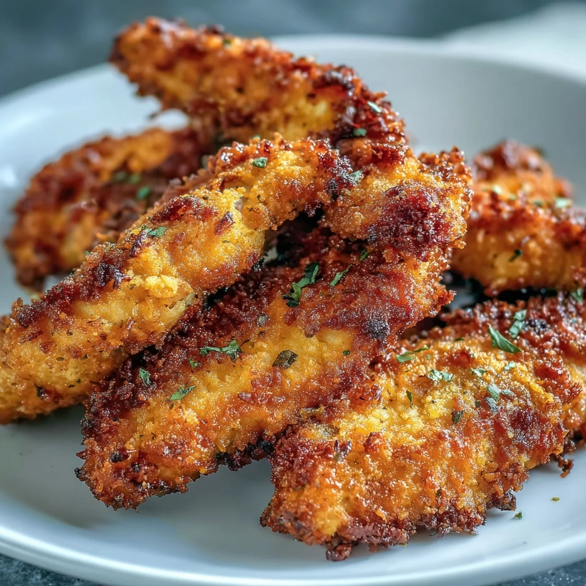 Crispy Turmeric Chicken Tenders stacked on a plate with a creamy dip, golden crunch visible. 