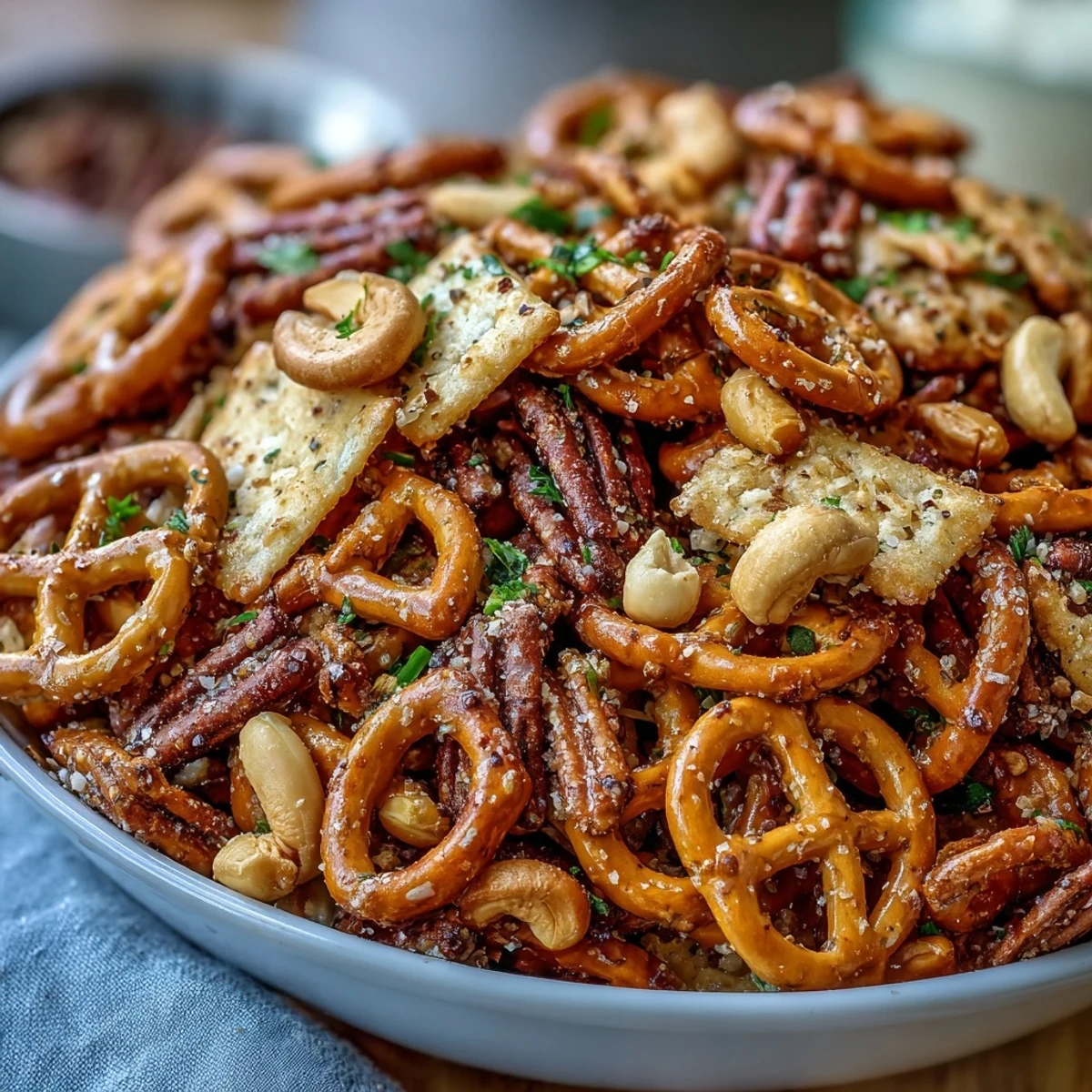 Golden baked Everything Ranch Cheese and Pretzel Snack Mix glistens on a parchment-lined baking sheet, loaded with pretzels, crackers, and cashews.