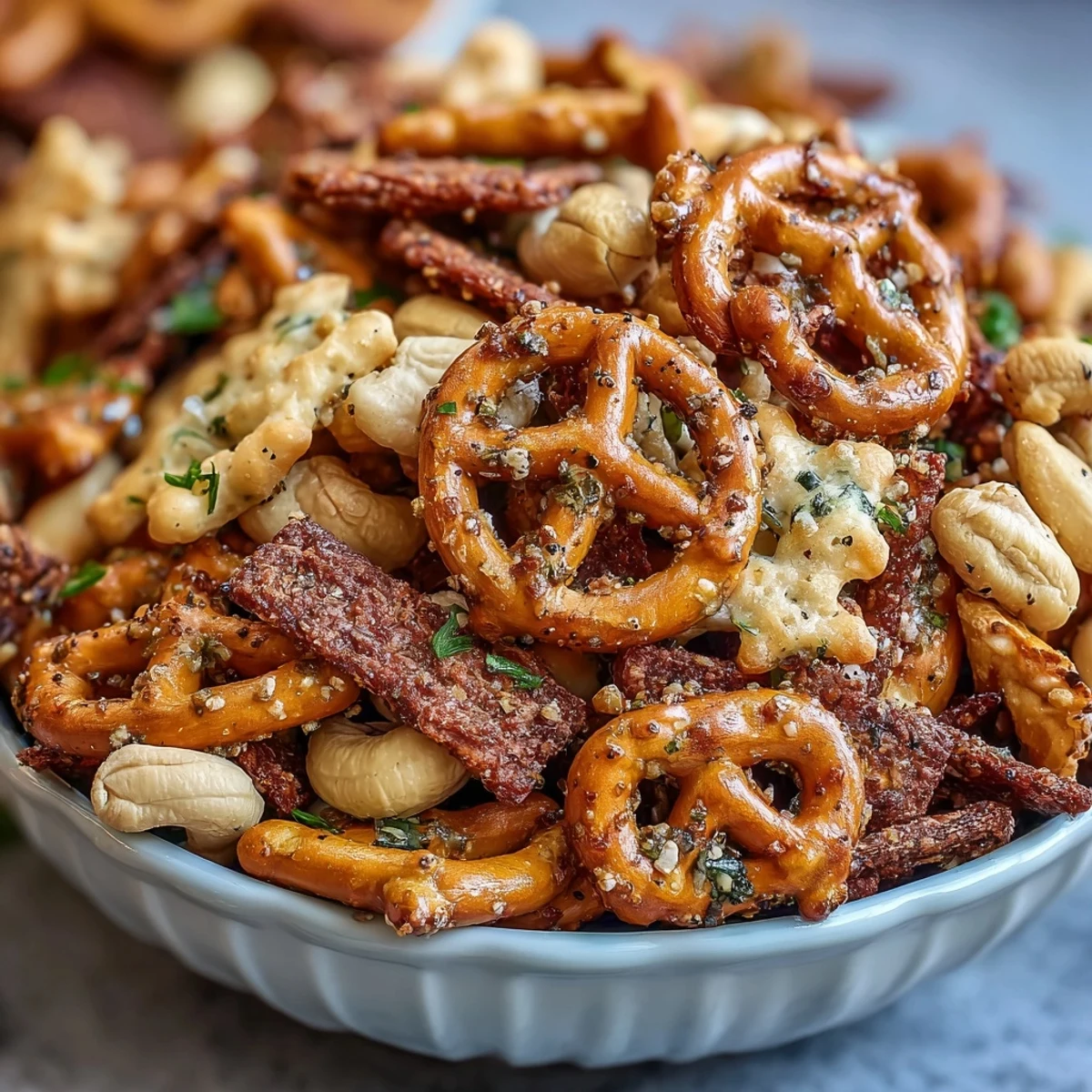 A close-up of Everything Ranch Cheese and Pretzel Snack Mix shows crunchy, golden-brown pieces coated in ranch seasoning and everything bagel seeds.