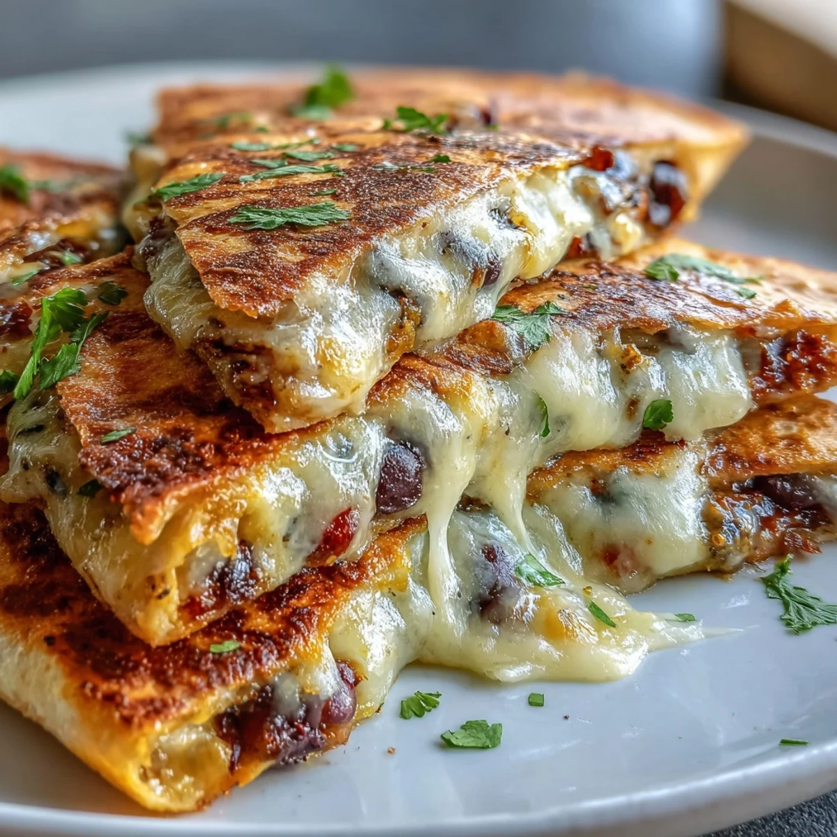 Close-up of a crispy Blooming Quesadilla Ring slice, showing melted cheddar and Monterey Jack cheese pulling apart.