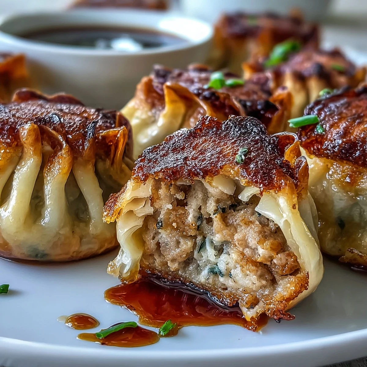 Golden-brown Smash Dumplings sizzle in a skillet, showcasing crispy edges and a savory pork filling ready to serve.