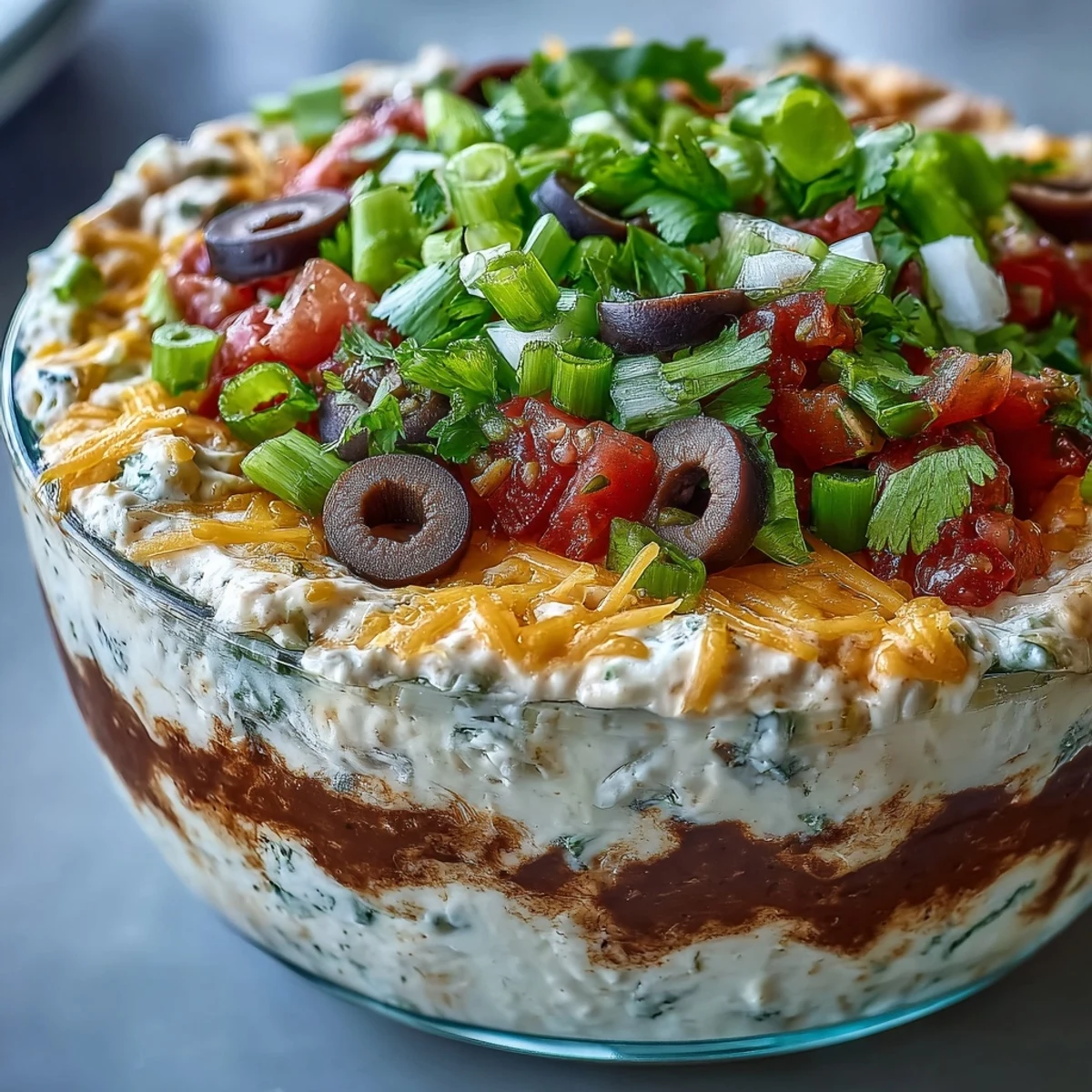 Bright 4-Way Layered Dip in a glass dish showing colorful strata, ready for a party alongside crunchy vegetable sticks.