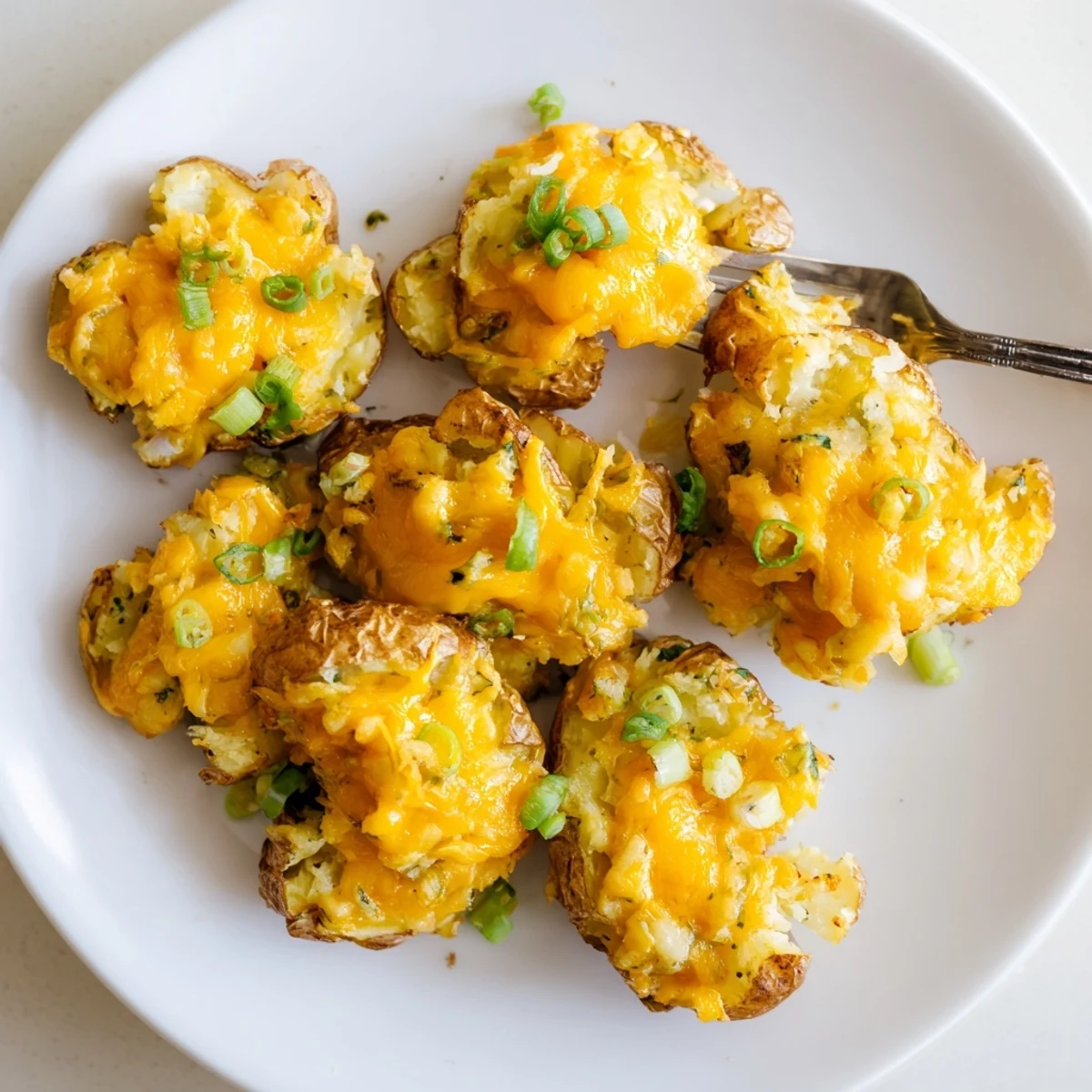 Crispy Smashed Green Onion Potato Bombs topped with melted cheese and herbs.  