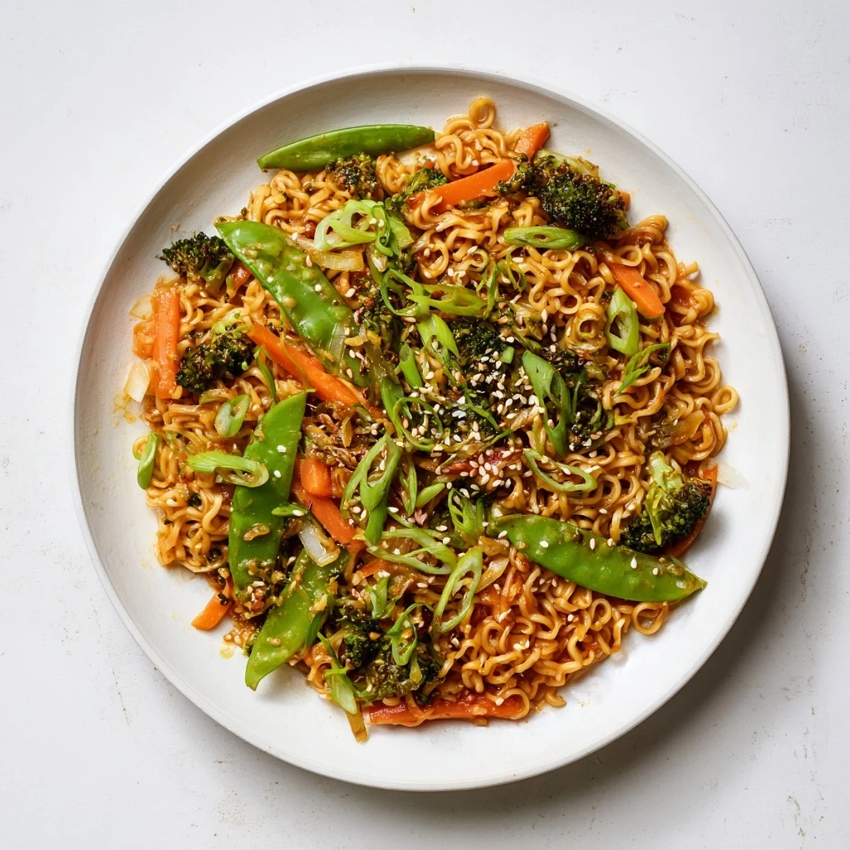 Steaming bowl of Ramen Noodle Stir-Fry Remix, colorful vegetables glistening and ready to eat.