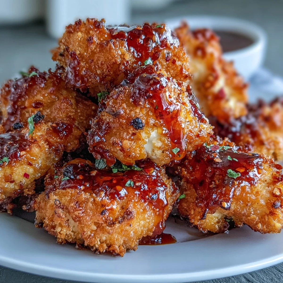 A basket of panko-crusted Crunchy Baked Hot Honey Cauliflower served with creamy ranch dip, perfect for game day.