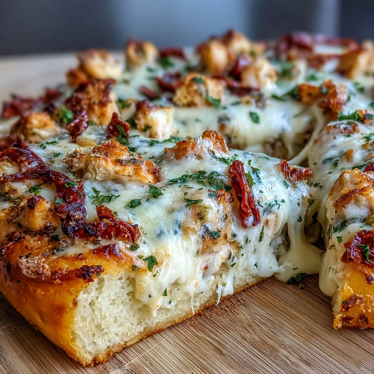 Golden, crispy crust topped with creamy Marry Me Chicken pizza, sun-dried tomatoes, and melted mozzarella, garnished with fresh basil.