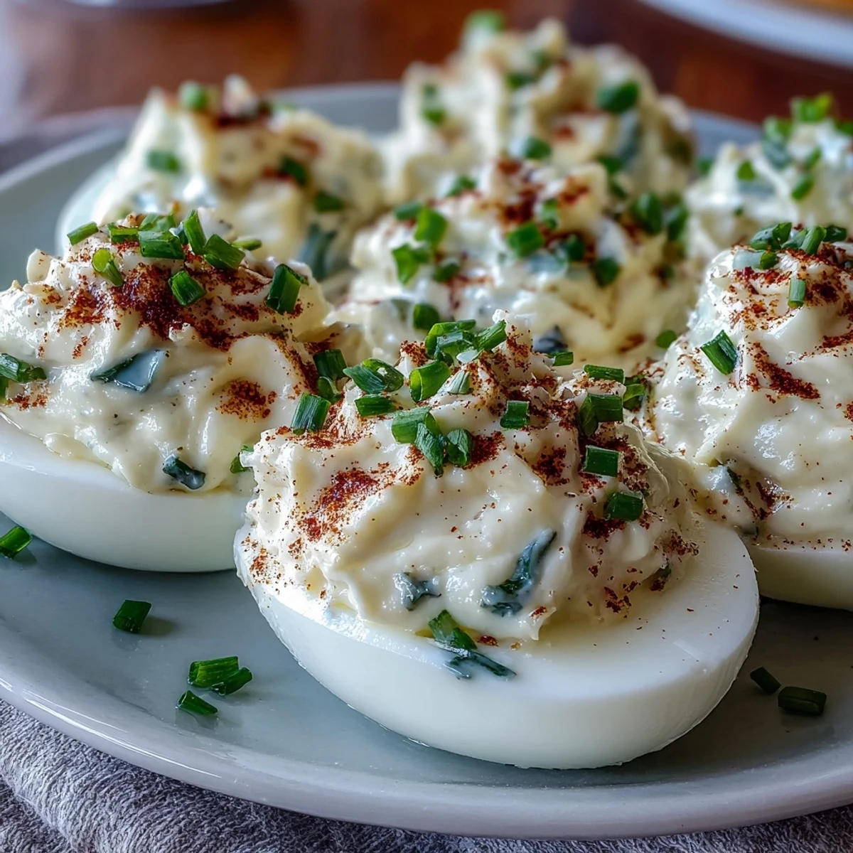 Golden yolk filling whipped creamy with mayo and cream cheese inside egg whites.