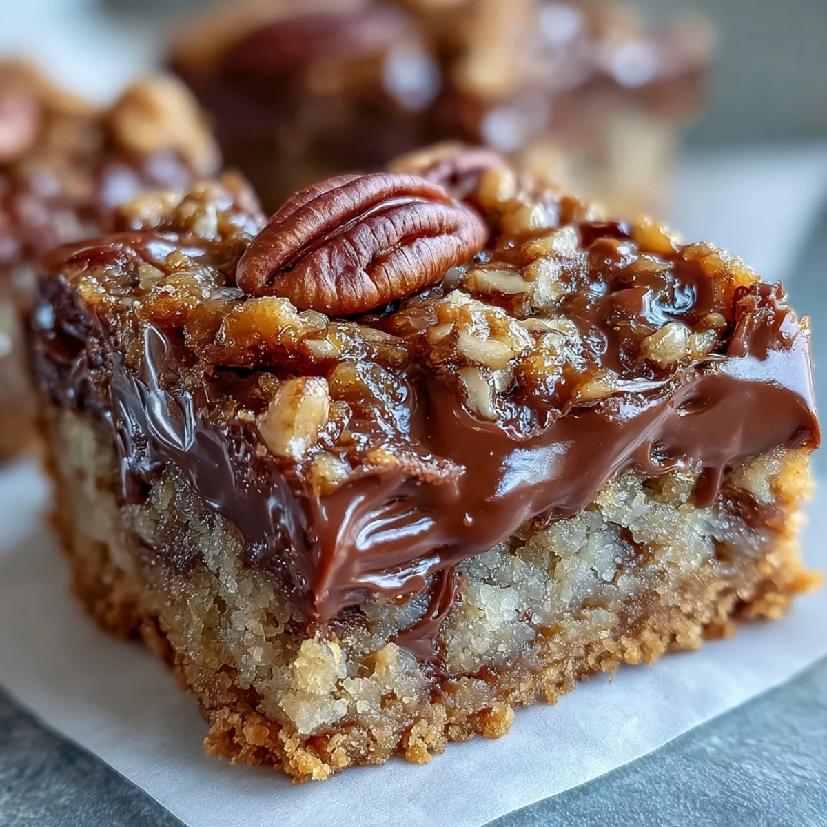 Freshly baked Decadent Sweet and Chewy Turtle Bars with Chocolate and Caramel are cut into squares, ready to serve warm with a glass of cold milk.