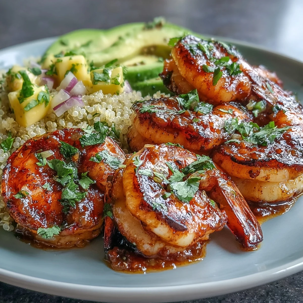 Fresh grilled shrimp and sliced avocado in quinoa bowls with zesty mango salsa and lime chili sauce, a colorful fusion dinner ready in 50 minutes.
