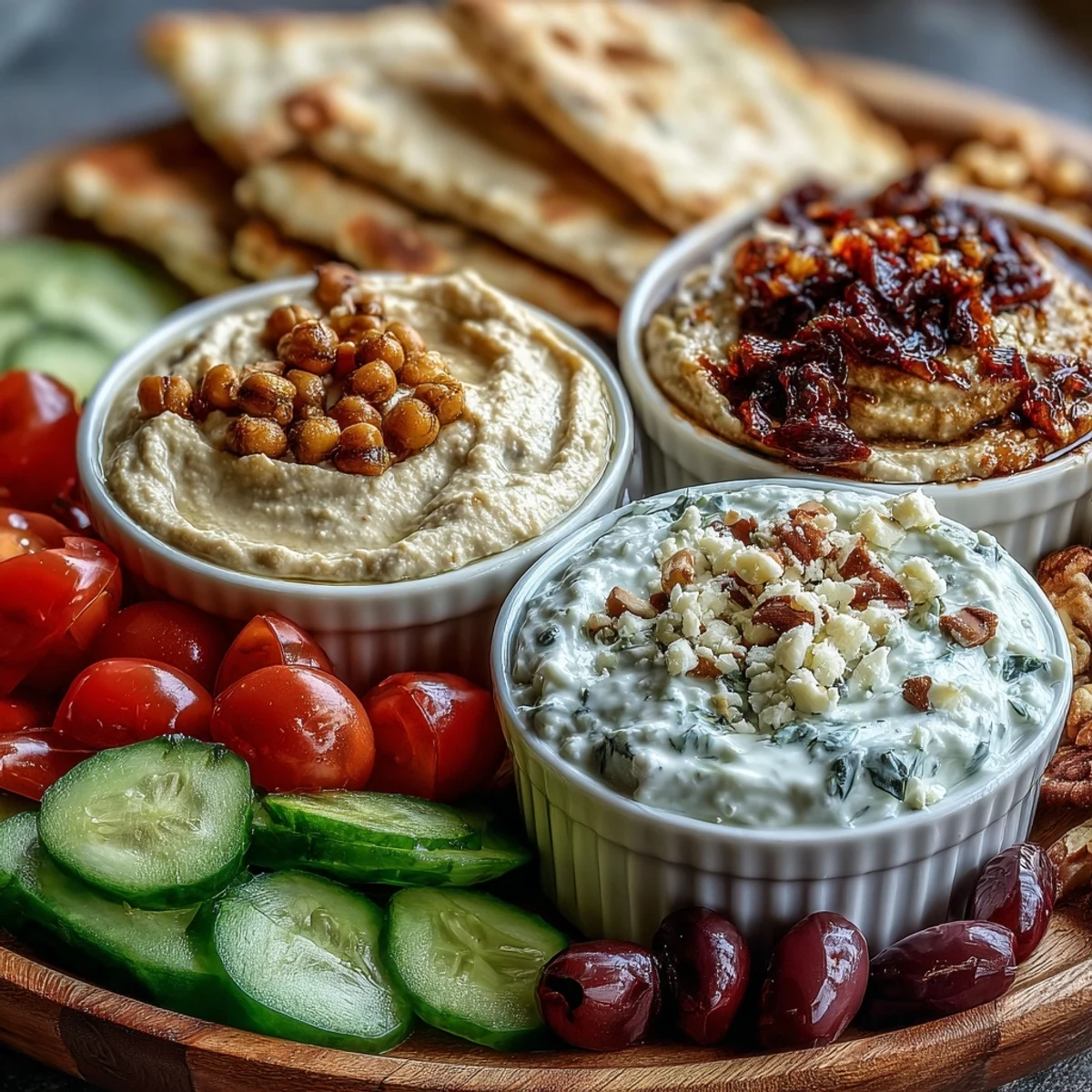Spreads of hummus, baba ganoush, and tzatziki garnish a wooden board with cherry tomatoes, cucumbers, olives, nuts, and feta for sharing.
