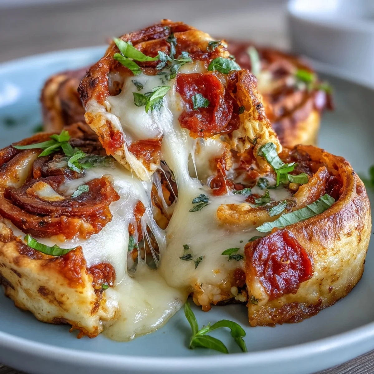 Golden-baked Tortilla Pizza Rolls spiral open to reveal molten mozzarella, zesty tomato sauce, and savory pepperoni, offering a crunchy bite.