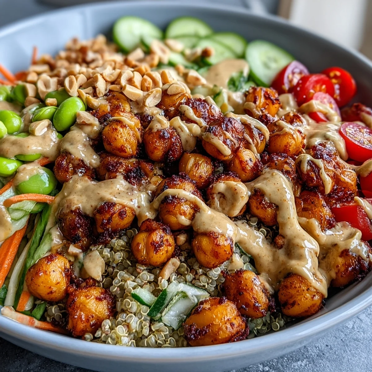 Savory Peanut Chickpea Protein Bowl featuring crunchy edamame, cucumber, and tomatoes, all tossed in a rich, creamy peanut sauce for dinner.