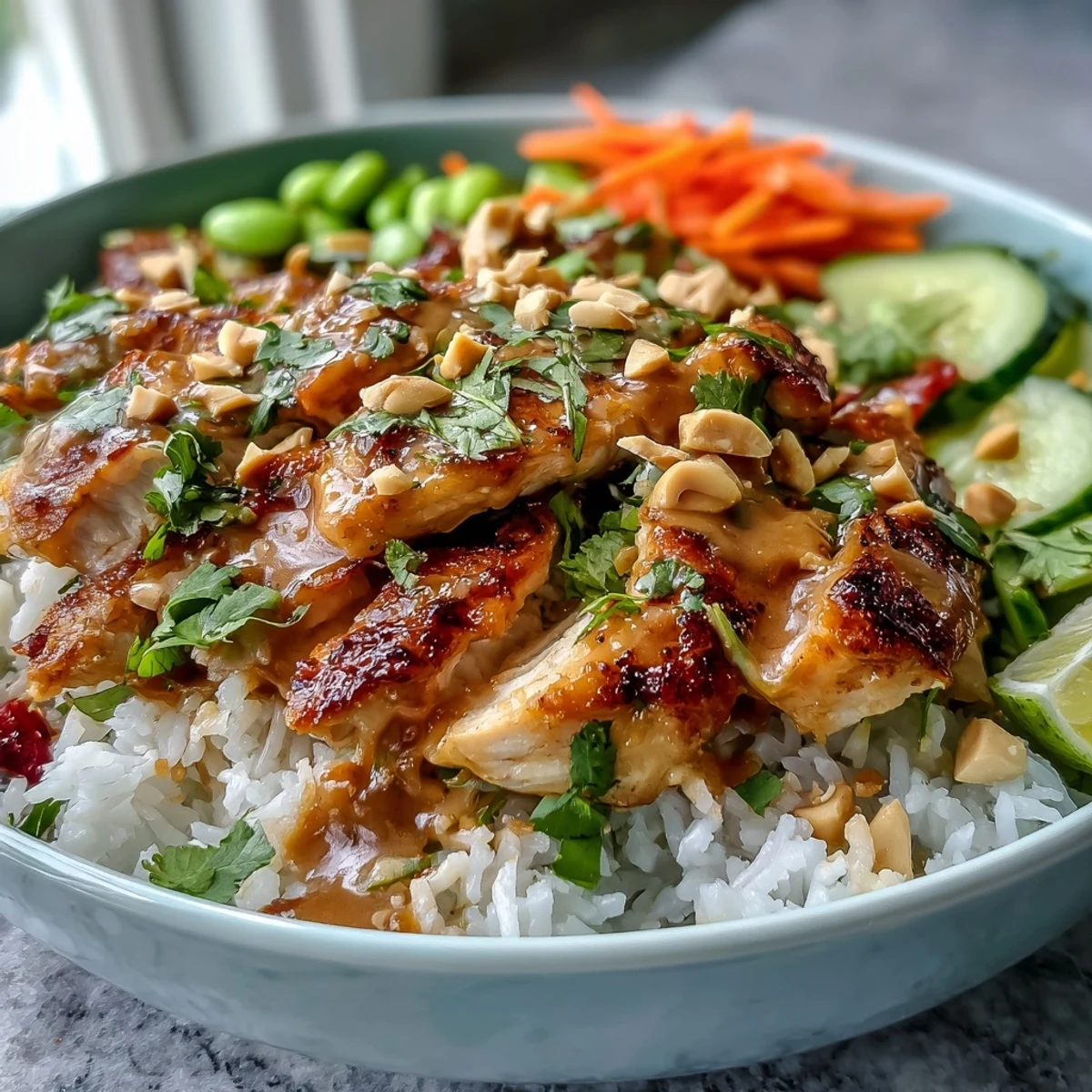 Golden-brown marinated chicken nestled atop fluffy coconut rice, topped with crisp cucumber, carrots, and a spicy-creamy peanut sauce drizzle.  