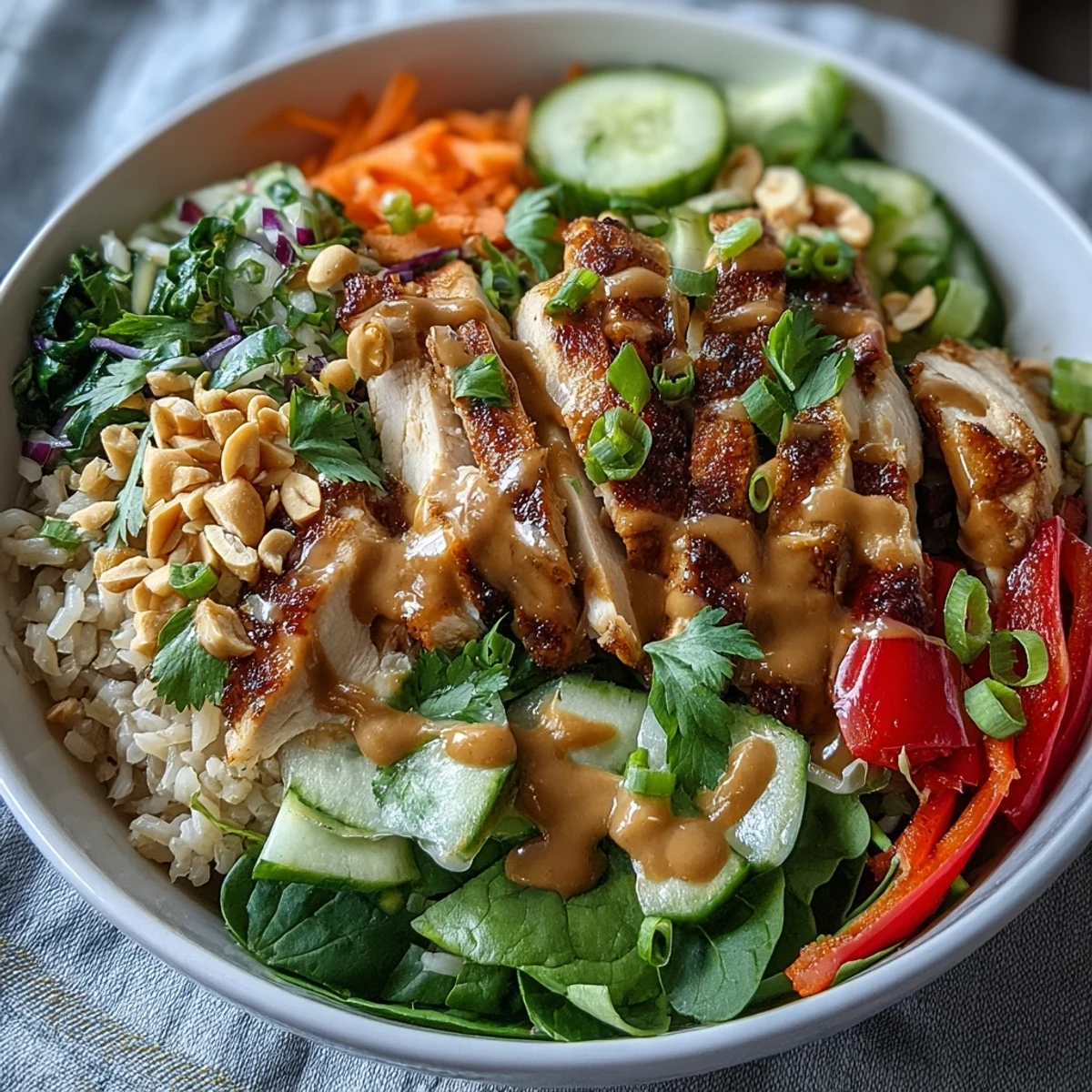 Freshly baked, seasoned chicken slices rest atop a vibrant Peanut Chicken Power Bowl, featuring fluffy quinoa and a rainbow of crisp vegetables.