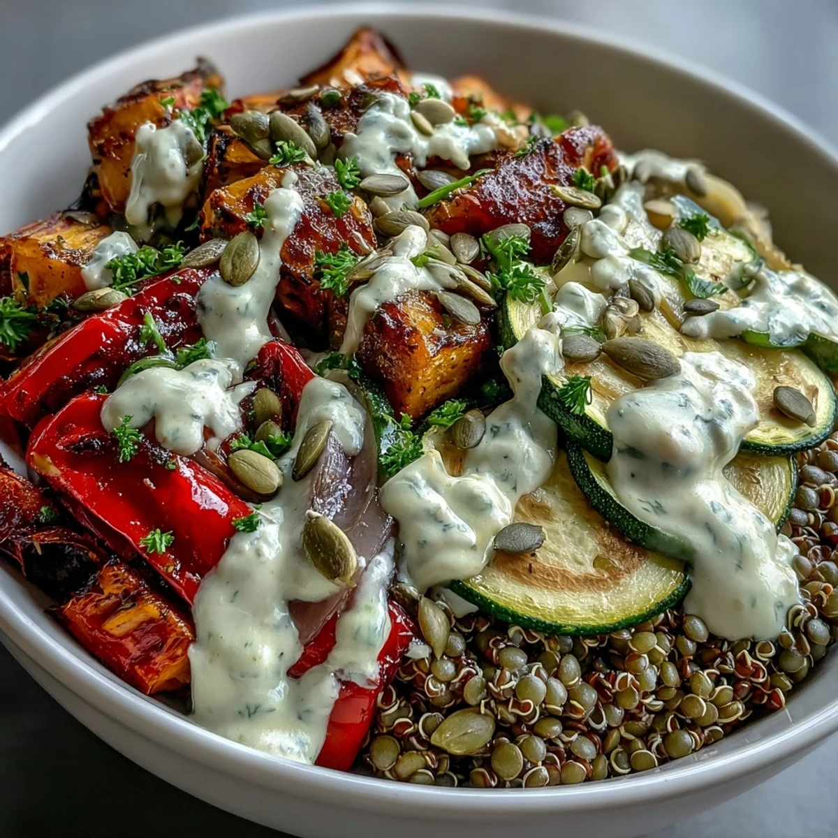 Fork-tender lentils and caramelized sweet potatoes on fluffy quinoa for a vibrant Lentil Power Bowl.