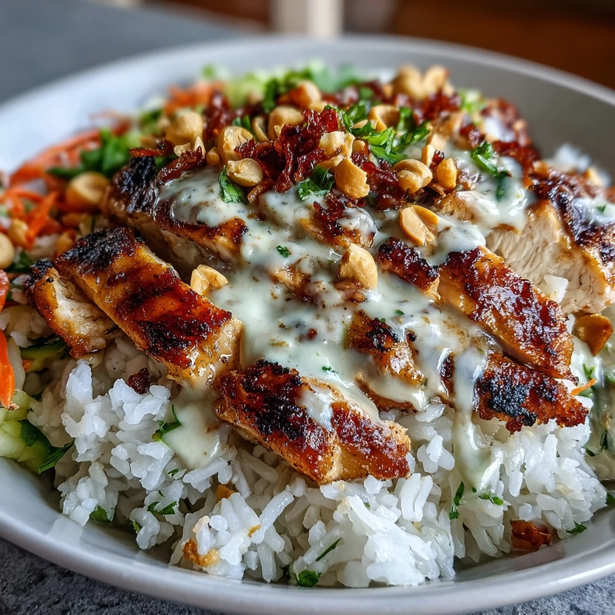 Fluffy coconut rice topped with tender grilled chicken, vibrant shredded cabbage, carrots, and cucumber, all drizzled with creamy peanut sauce in a white bowl.