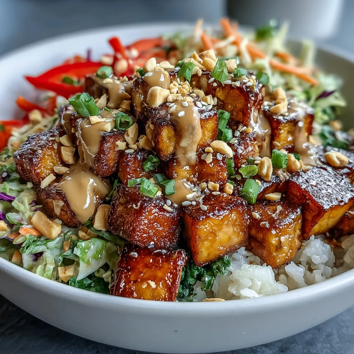 Brightly colored vegetables, crispy tofu cubes, and fluffy quinoa topped with a rich, creamy peanut sauce for a nourishing Peanut Tofu Power Bowl.