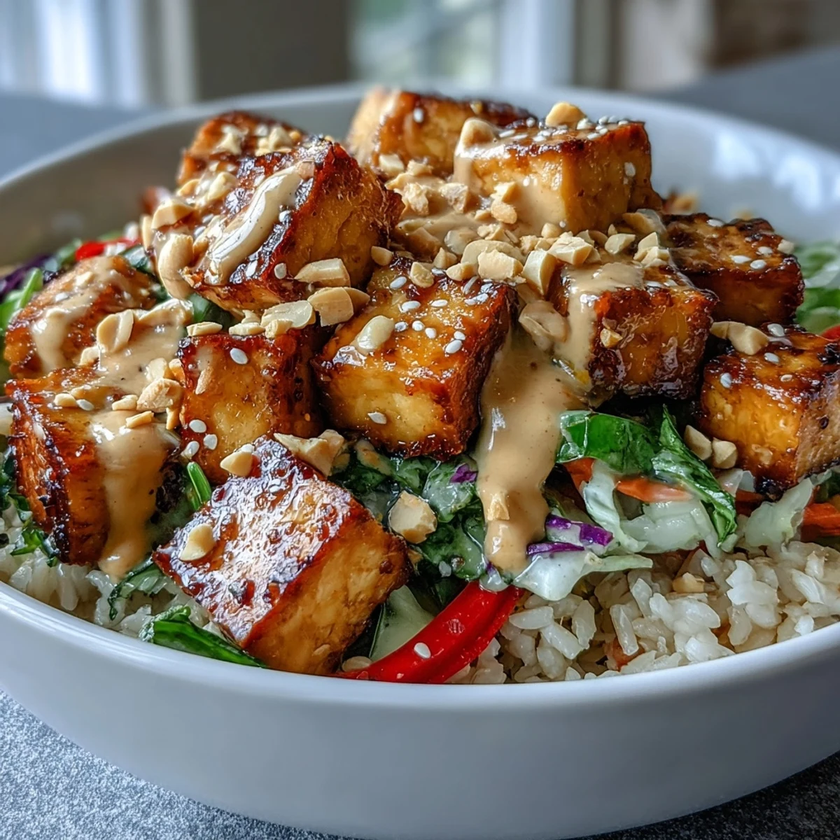 A hearty, plant-based Peanut Tofu Power Bowl served with brown rice, crunchy veggies, and sesame seeds, perfect for a healthy lunch.