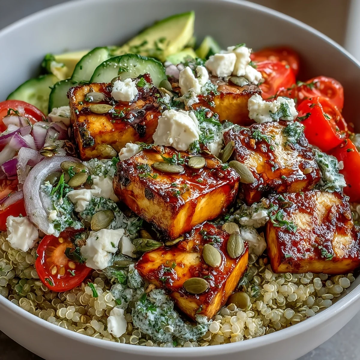 Freshly prepared Simple Grain Bowl with fluffy quinoa, vibrant chickpeas, avocado slices, and cherry tomatoes, drizzled with a lemon dressing on a rustic wooden table.