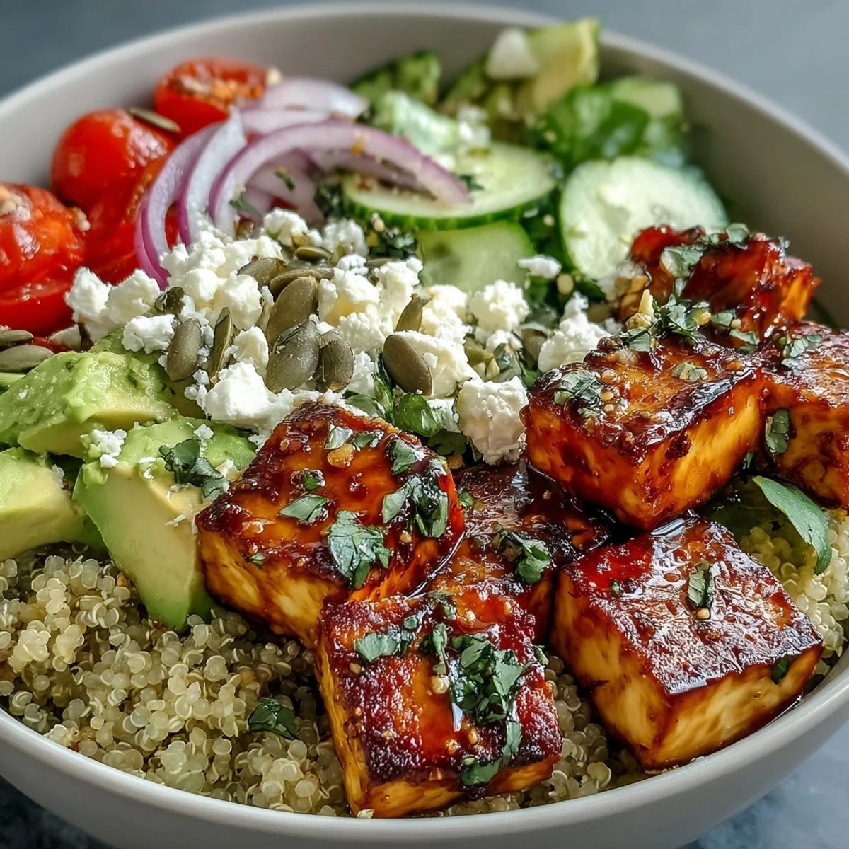 A vibrant Simple Grain Bowl with brown rice, grilled chicken, colorful vegetables, and pumpkin seeds, arranged neatly for a healthy lunch or meal prep idea.