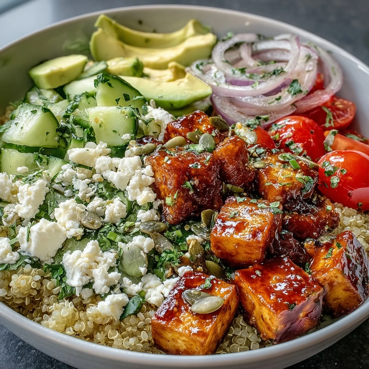 Colorful Simple Grain Bowl with farro, tofu, fresh herbs, and creamy avocado, showcasing a nutritious and customizable meal prep option perfect for a busy week.
