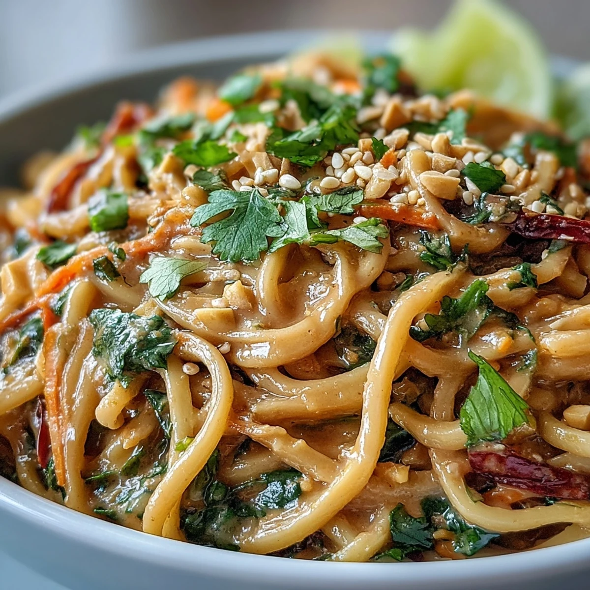Colorful Asian Peanut Noodle Bowl served in a white bowl with lime wedges and sesame seeds.
