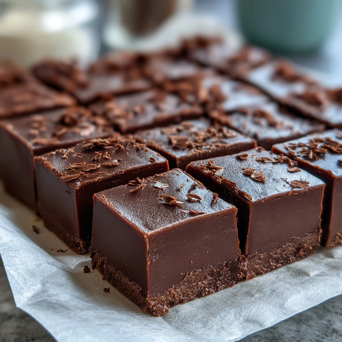 Cut pieces of Hojicha Fudge on a plate with a warm cup of green tea nearby.