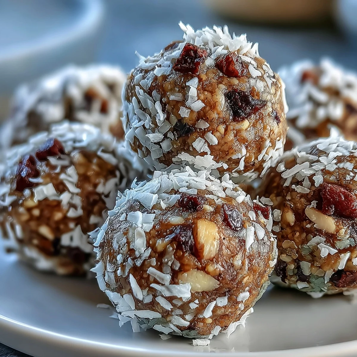 Close-up of a half-bitten Hojicha Energy Ball showing a crunchy, roasted tea interior.
