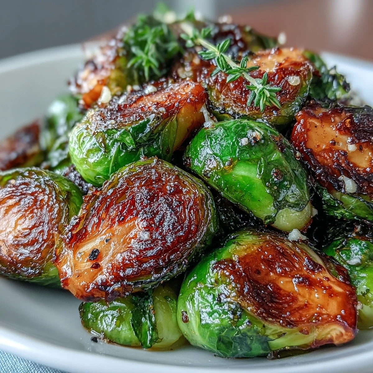 Savory Irresistible Orange Maple Glazed Brussels Sprouts served alongside roasted chicken on a cozy dinner table.