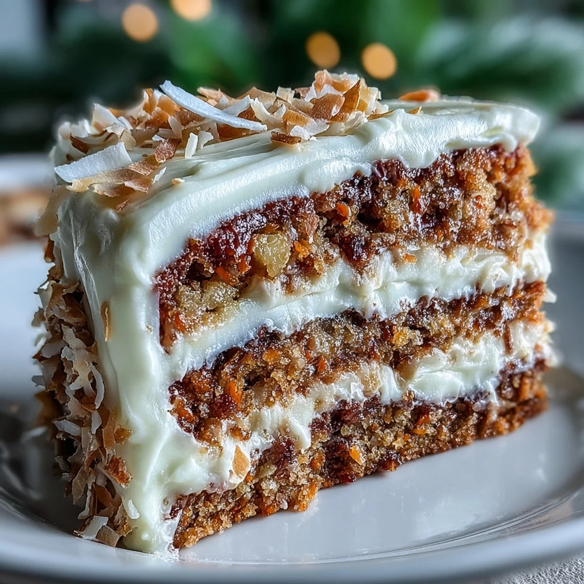 Moist slices of Christmas Hawaiian Carrot Pineapple Cake reveal grated carrots and crushed pineapple, topped with creamy cream cheese frosting and toasted coconut flakes.