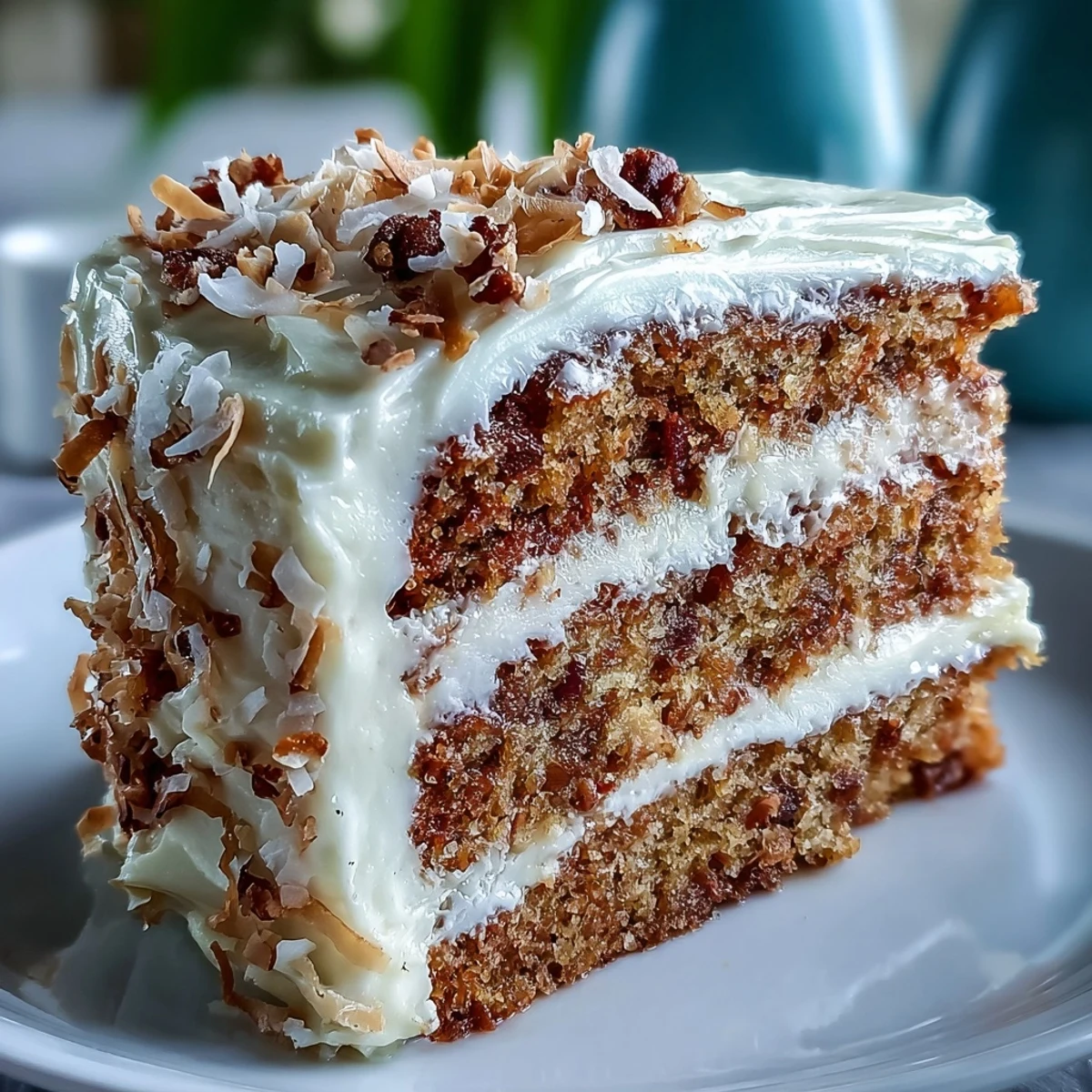 A plated slice of Christmas Hawaiian Carrot Pineapple Cake showcases tender crumb with pineapple and carrot flecks, drizzled with cream cheese frosting for a tropical dessert.