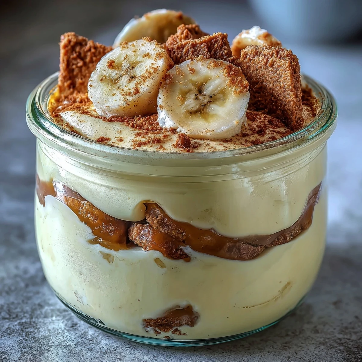 Creamy Protein Banana Pudding layered with crushed vanilla wafers and fresh banana slices in a glass jar.