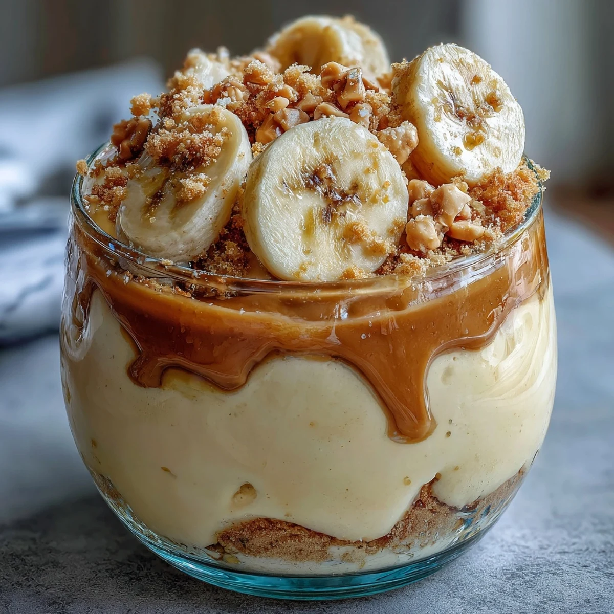 Sweet Protein Banana Pudding dessert topped with sliced bananas, perfect for a high-protein snack or post-workout treat.