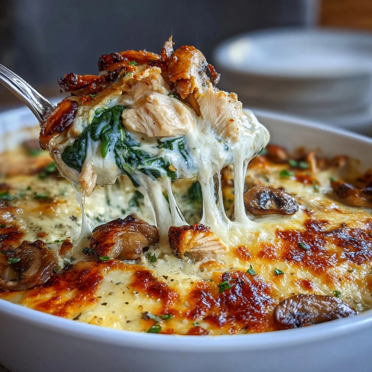 Sliced chicken breast sits on a bed of wilted spinach and sautéed mushrooms in the casserole.
