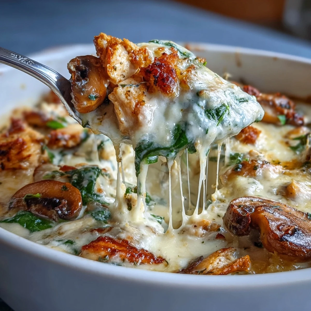 A rich, creamy sauce coats every bite of this easy, low-carb Chicken Spinach & Mushroom Oven Dish.