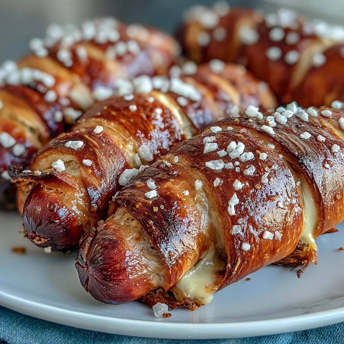 Golden-brown Soft Baked Cheesy Pretzel Dogs with gooey cheddar pulled apart.