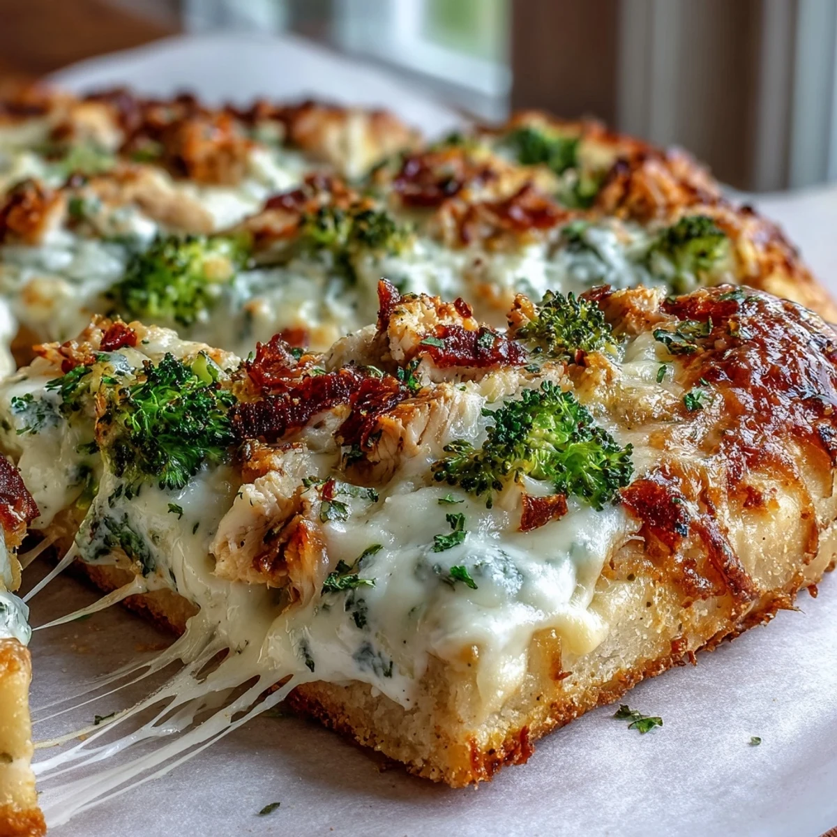Garlic Parmesan Chicken & Broccoli Pizza fresh from the oven, sliced and served on a wooden cutting board.