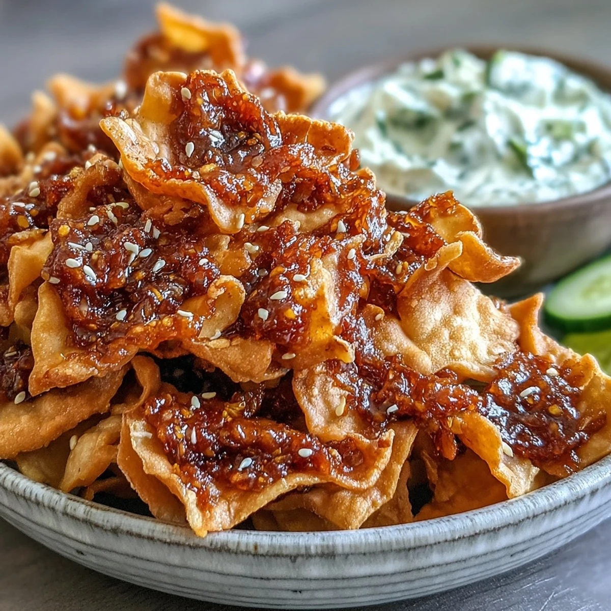 Golden-brown Spicy Chili Crisp Garlic Naan Chips piled high beside a creamy Asian cucumber dip garnished with sesame seeds.