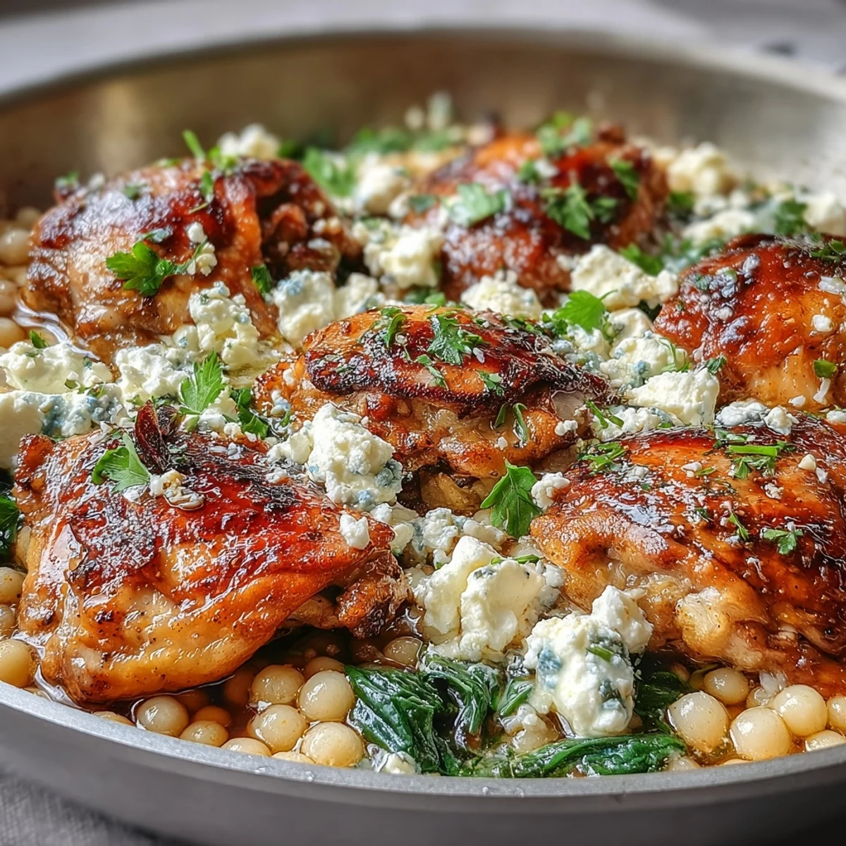 A slice of lemon rests beside the tender chicken in this bubbly, one-pan baked dish.