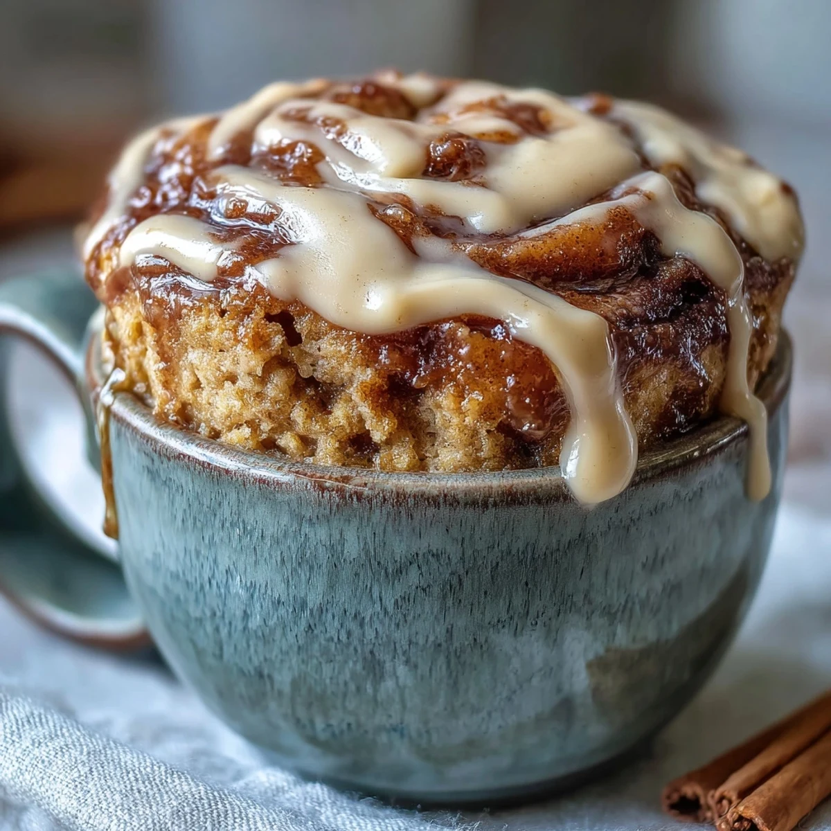Freshly microwaved High-Protein Cinnamon Roll Mug Cake with a visible cinnamon swirl in a white ceramic mug.