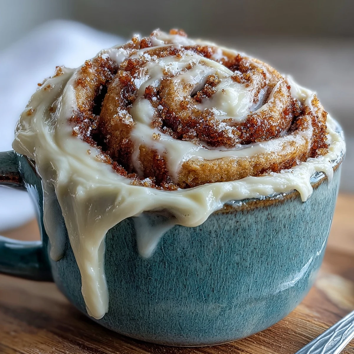 Warm single-serving High-Protein Cinnamon Roll Mug Cake ready to eat for a quick high-protein breakfast.