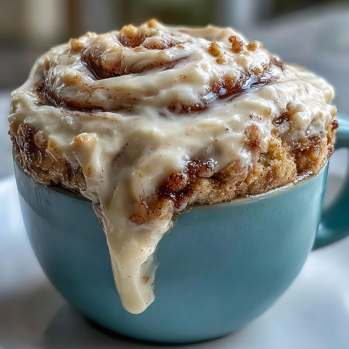 High-Protein Cinnamon Roll Mug Cake served warm with a sweet cinnamon swirl and rich, creamy topping.